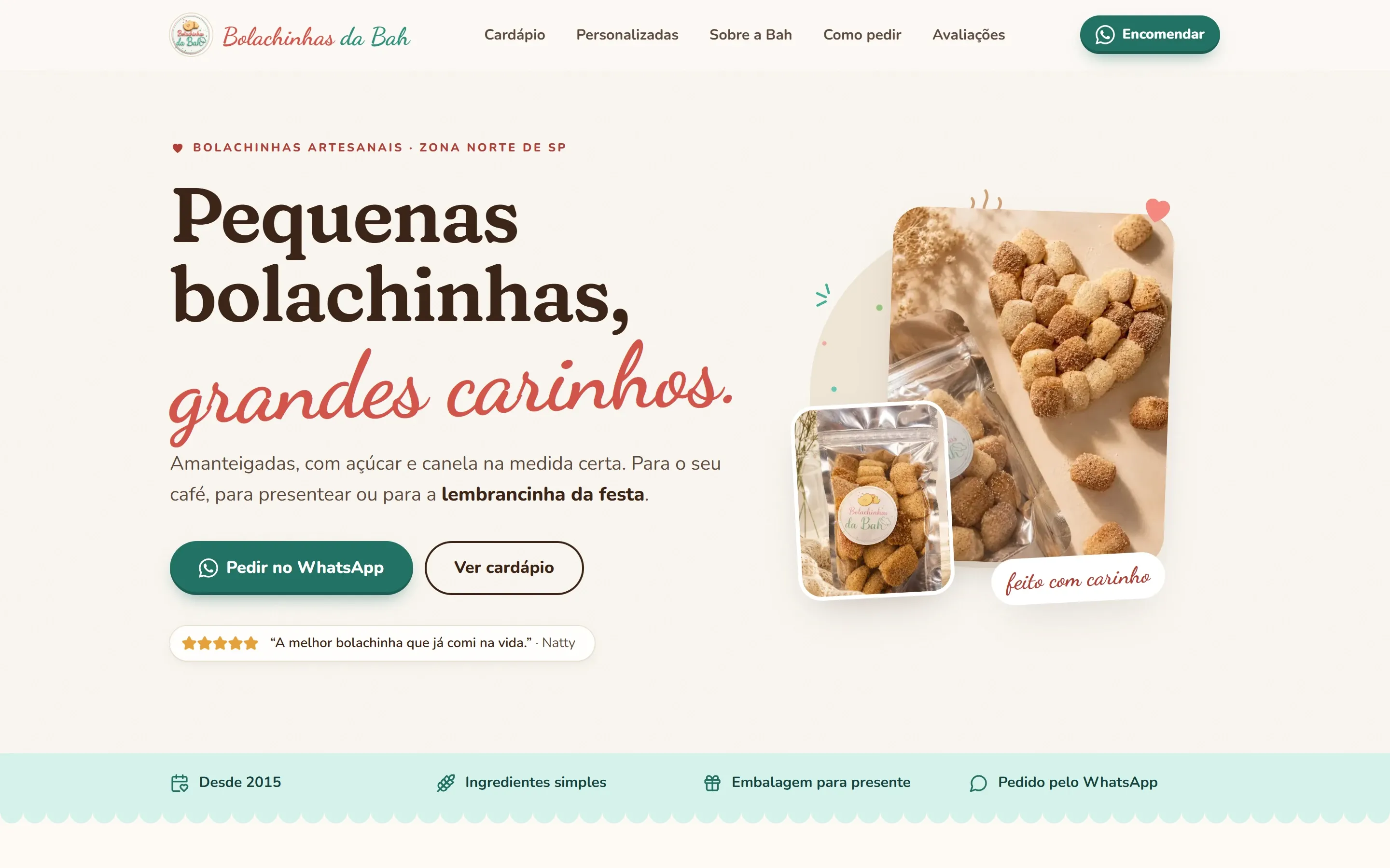 Página inicial do site da Bolachinhas da Bah: "Pequenas bolachinhas, grandes carinhos"