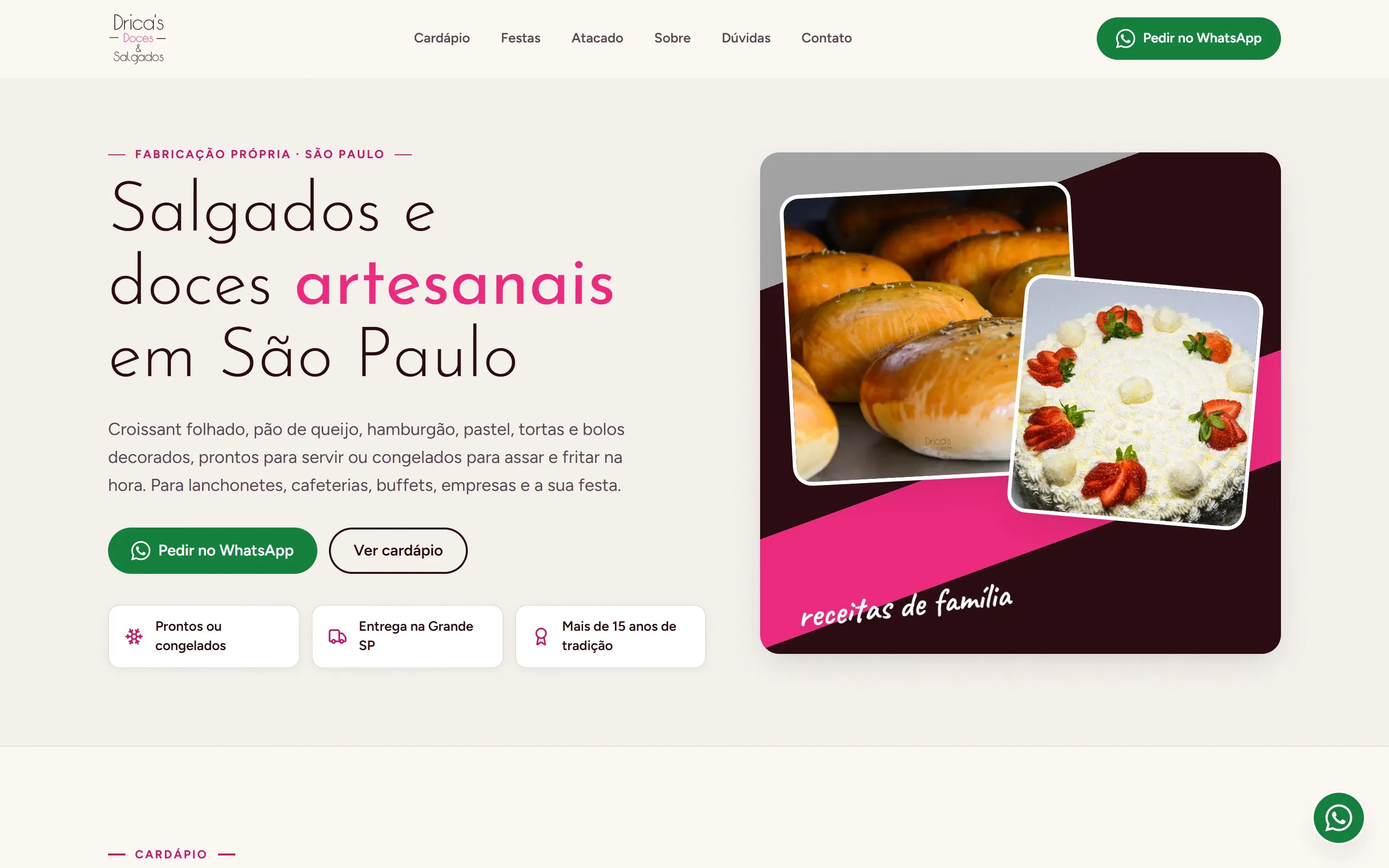 Página inicial do site da Drica's Doces & Salgados, salgados e doces artesanais em São Paulo