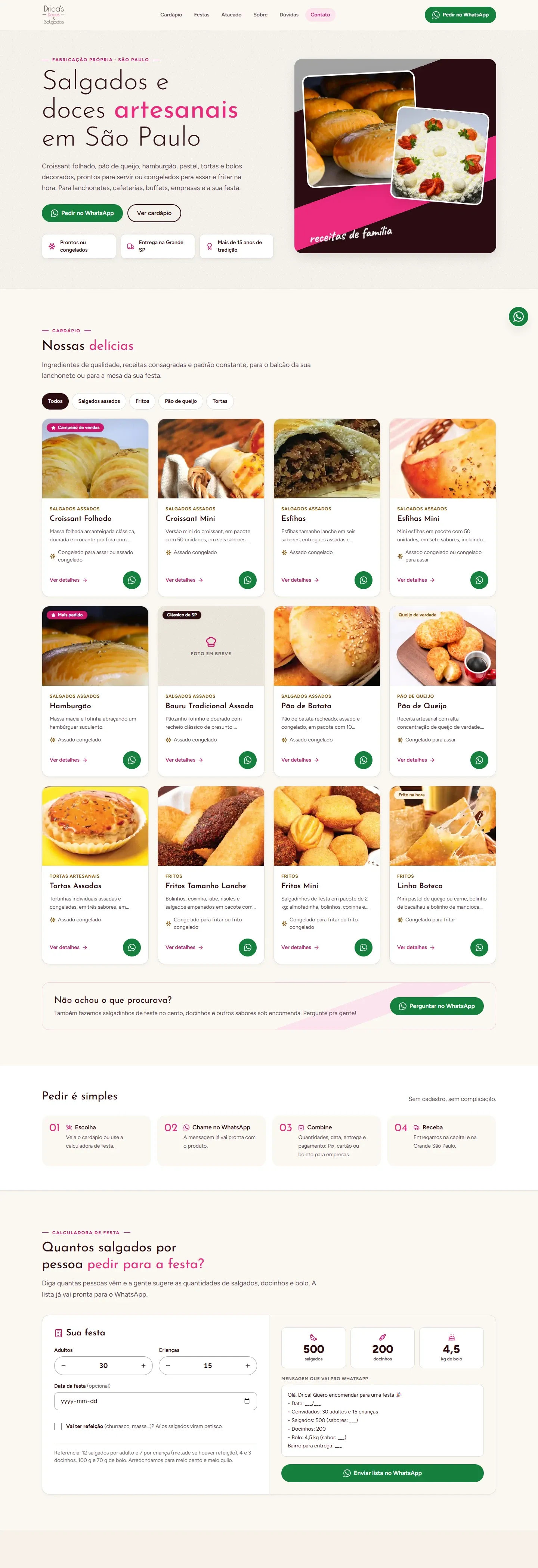 Página inicial completa do site de Drica's Doces & Salgados, no desktop